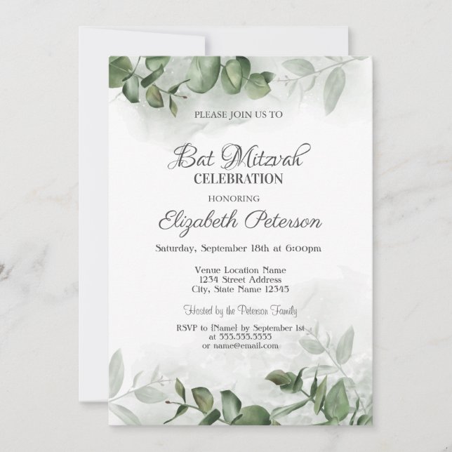 Watercolor Eucalyptus Greenery Pub Mitzvah Inbjudningar (Framsida)