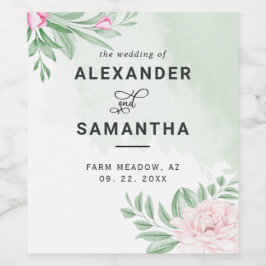 Watercolor Eucalyptus Greenery Rosa Blommigt Bröll Vinflaska Etikett