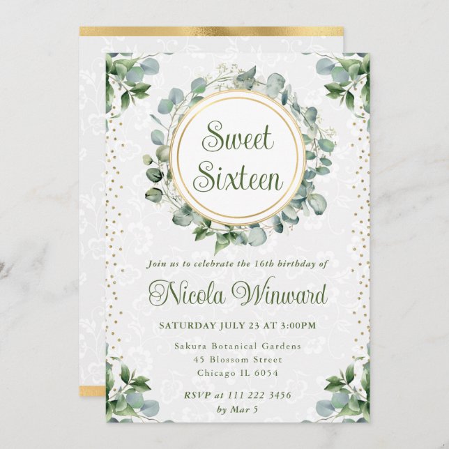 Watercolor Eucalyptus Greenery Sweet sixteen Inbjudningar (Fram/baksida)