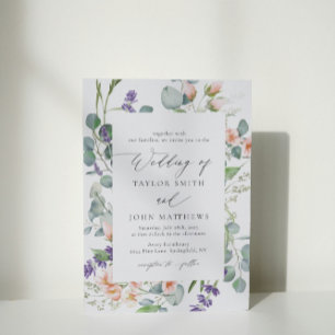 Watercolor Eucalyptus Lavender Peach Bröllop Inbjudningar