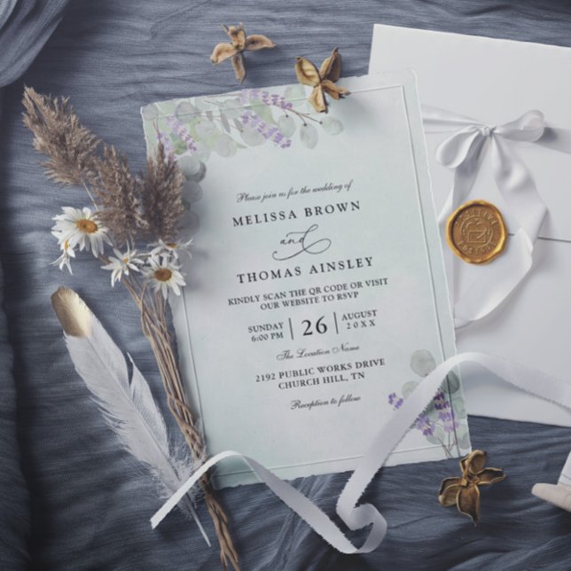 Watercolor Eucalyptus Lavender QR Code Wedding Inbjudningar (Skapare uppladdad)