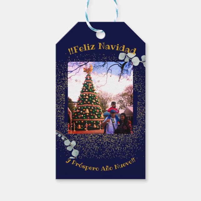 Watercolor Eucalyptus Modern Feliz Navidad Glitter Presentetikett (Framsidan)