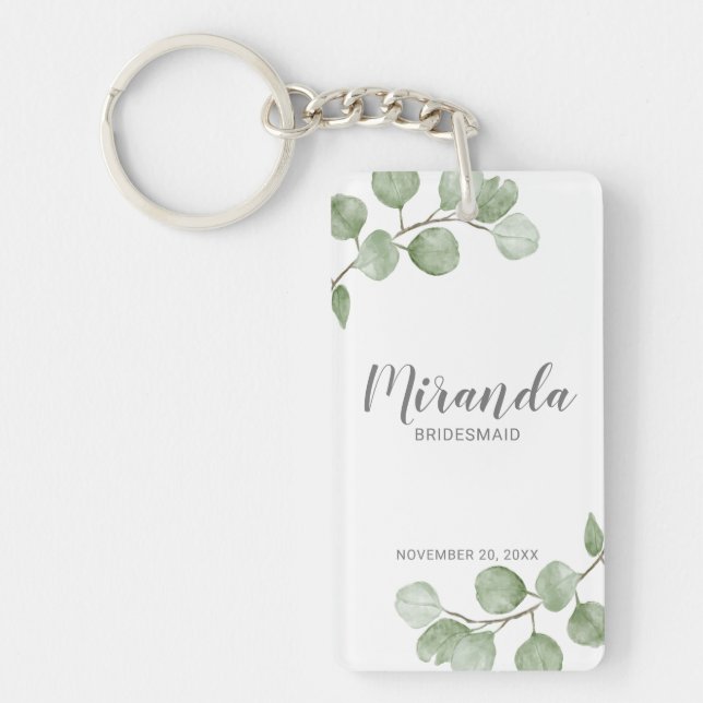 Watercolor Eucalyptus Personlig Bridesmaid Namn Nyckelring (Framsidan)