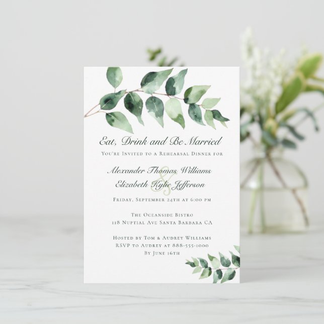 Watercolor Eucalyptus Rehearsal Dinner | White Inbjudningar (Stående Fram)