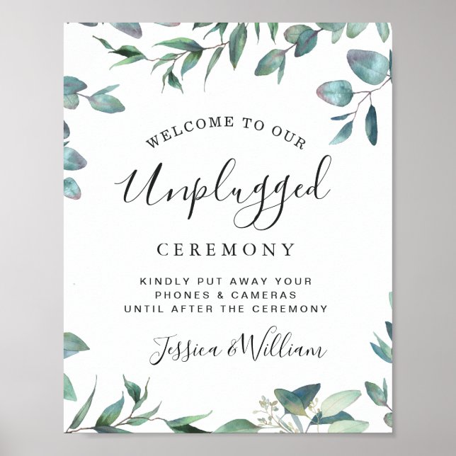 Watercolor Eucalyptus Unplugged Bröllop Ceremony Poster (Framsidan)
