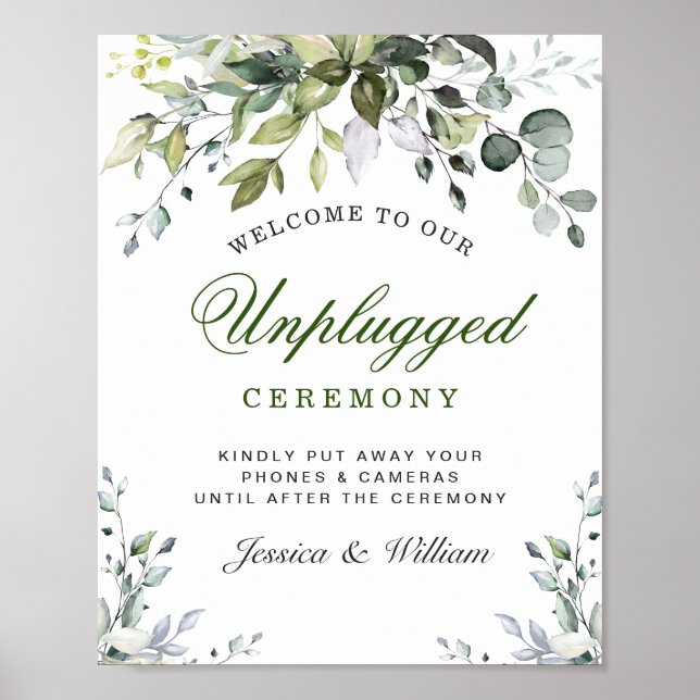 Watercolor Eucalyptus Unplugged Bröllop Ceremony Poster (Framsidan)