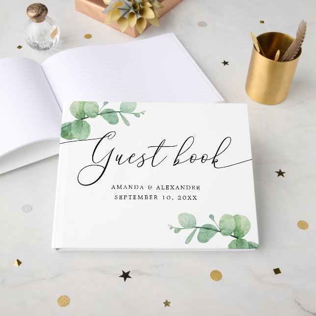 Watercolor Eucalyptus Wedding | Elegant Script Gästböcker (Framsida Öppen)