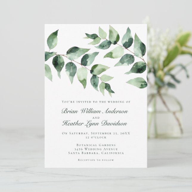 Watercolor Eucalyptus Wedding | White Inbjudningar (Stående Fram)