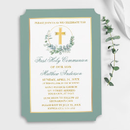 Watercolor Eucalyptus Wreath Gold Communion Inbjudningar