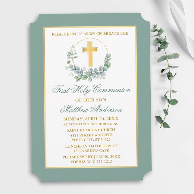 Watercolor Eucalyptus Wreath Gold Communion Inbjudningar (Customize to change text color, text style or color of back of card.)