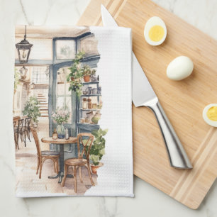 Watercolor European Street Cafe Art Kökshandduk
