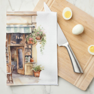 Watercolor European Street Cafe Art Kökshandduk