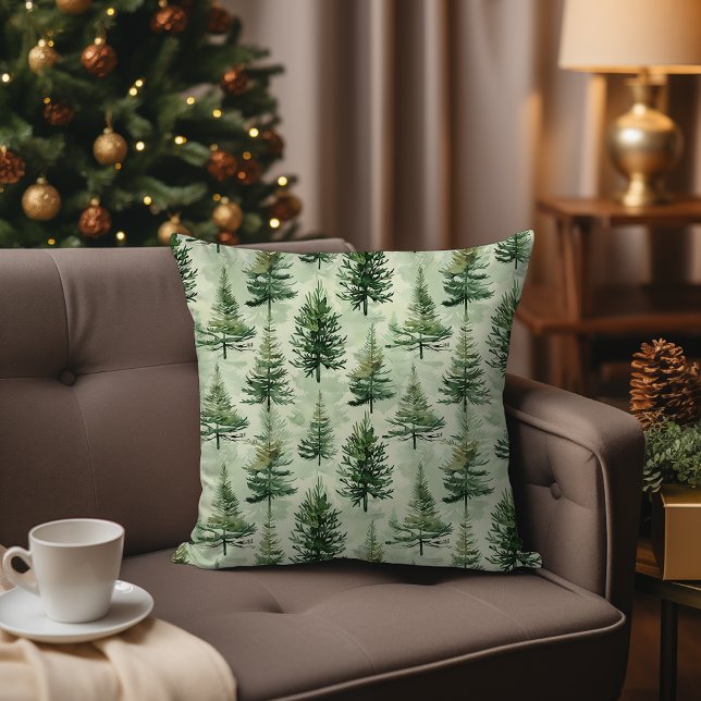 Watercolor Evergreen Gräs Träd Rustic Jul Kudde (Watercolor Evergreen Pine Trees Rustic Christmas Throw Pillow)