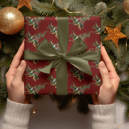 Watercolor Evergreen Gren på Cranberry Red Presentpapper