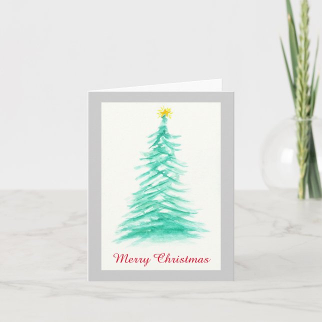 Watercolor Evergreen Träd Art Julgran Helgkort (Framsida)