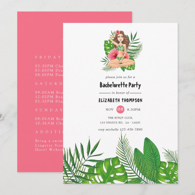 Watercolor Exotic Aloha Luau Bachelorette Helg Inbjudningar (Fram/baksida)