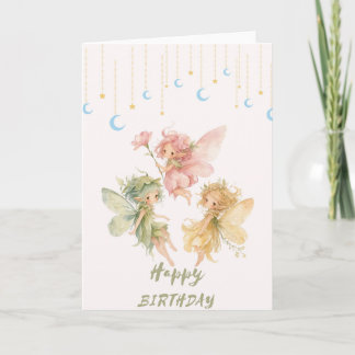 Watercolor Fairy Trio Happy Birthday Card - Celest Kort
