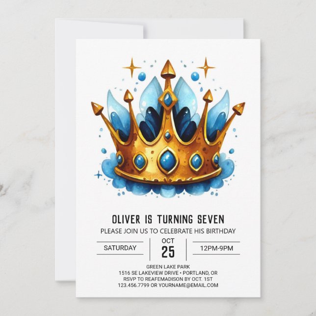 Watercolor Fairytale Prince Krona Birthday Inbjudningar (Framsida)