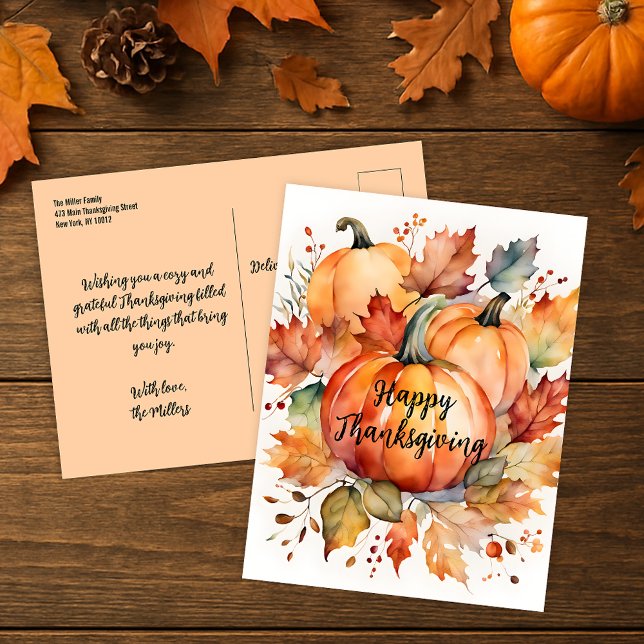 Watercolor Fall Pumpkin Harvest Thanksgiving Vykort (Skapare uppladdad)