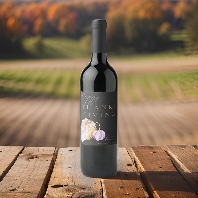 Watercolor Fall Pumpkin Thanksgiving Black Vinflaska Etikett (Skapare uppladdad)