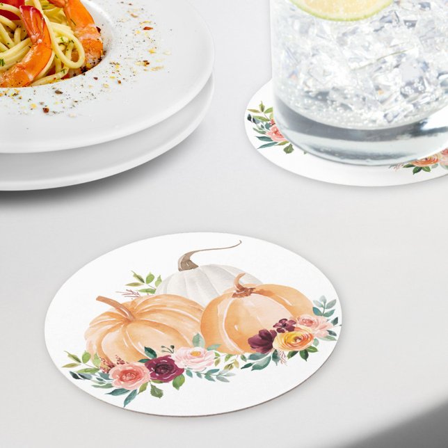 Watercolor Fall Pumpkins och Boho Flowers Underlägg Papper Rund (In situ dining table)