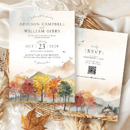 Watercolor Fall Trees Mountain Autumn Boho Wedding Inbjudningar
