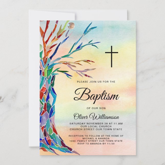 Watercolor Family Träd Baptism Christening Inbjudningar (Framsida)