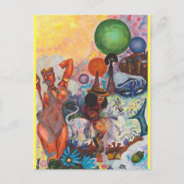 Watercolor Fantasy Eros rides white Lioness Woman Vykort