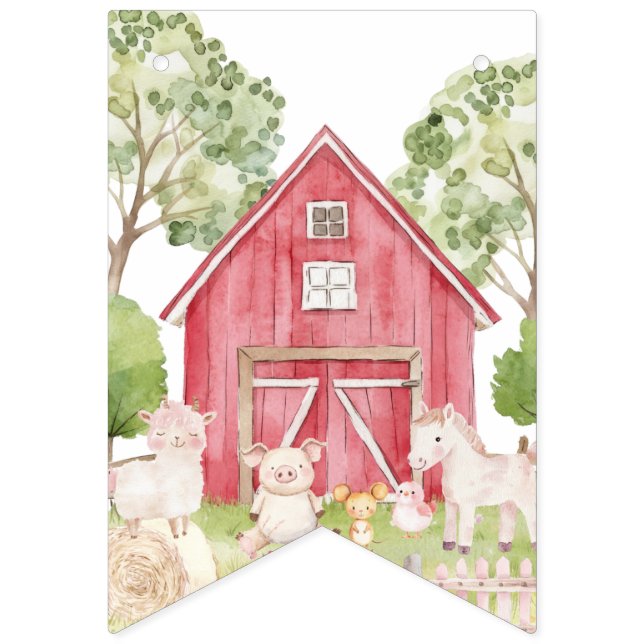 Watercolor Farm Animals Birthday Banner Vimplar (Första flaggan)