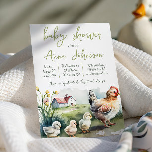Watercolor Farm Kyckling med ungar Barnkalas Inbjudningar