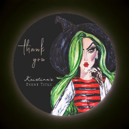 Watercolor Fashion Witch Svart Tack Runt Klistermärke