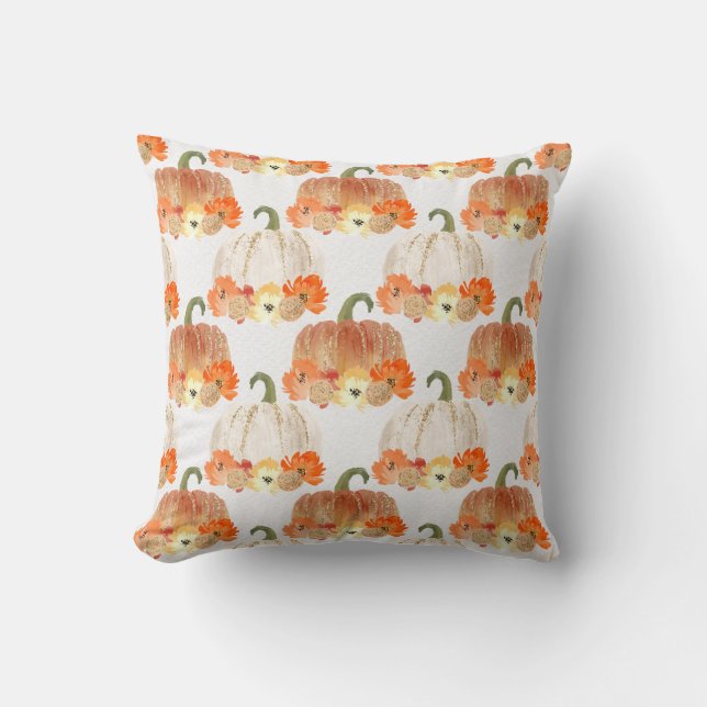 Watercolor Faux Glitter Fall Pumpkins Kudde (Framsida)