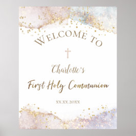 watercolor faux glitter First Communion welcome  Poster