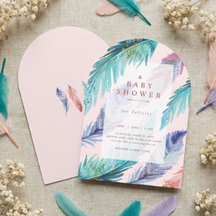 Watercolor Feathers Chic Bohemian Girl Baby Shower Inbjudningar
