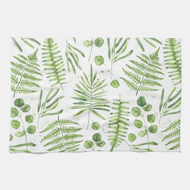 Watercolor Ferns och Eucalyptus Mönster Kökshandduk (Horisontell)