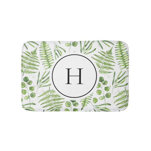 Watercolor Ferns och Eucalyptus Mönster Monogram Badrumsmatta (Framsidan)