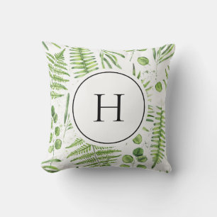 Watercolor Ferns och Eucalyptus Mönster Monogram Kudde