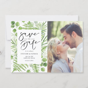 Watercolor Ferns och Eucalyptus Ram Photo Spara Datumet