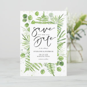 Watercolor Ferns och Eucalyptus Ram Spara Datumet