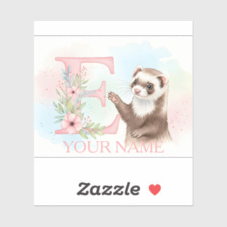 Watercolor Ferret with Floral Letter E Monogram Klistermärken