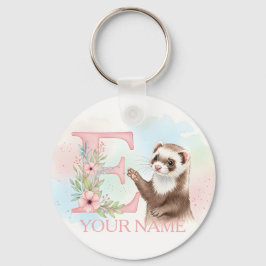 Watercolor Ferret with Floral Letter E Monogram Nyckelring