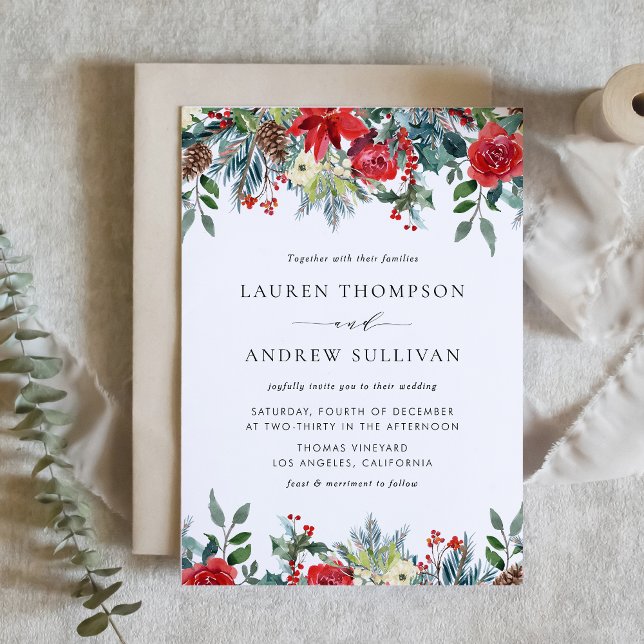 Watercolor Festive Blommigt Garland Winter Wedding Inbjudningar (Watercolor Festive Floral Garland Winter Wedding Invitation)