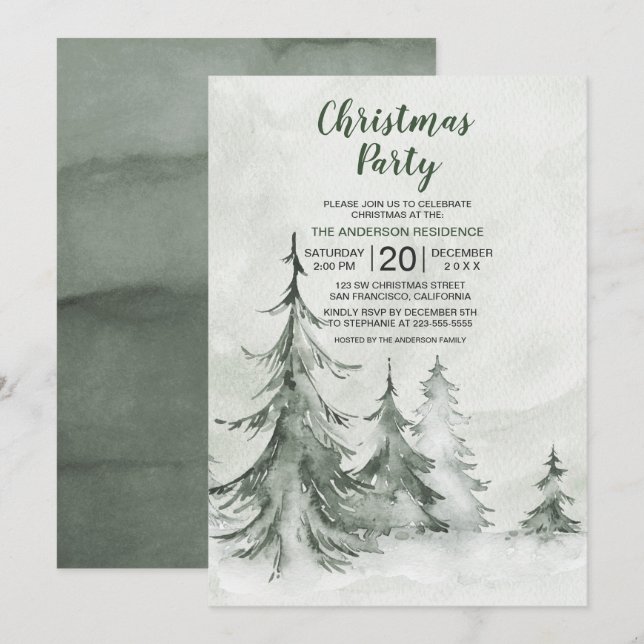 Watercolor Fir Träd Winter, jul Party Inbjudningar (Fram/baksida)
