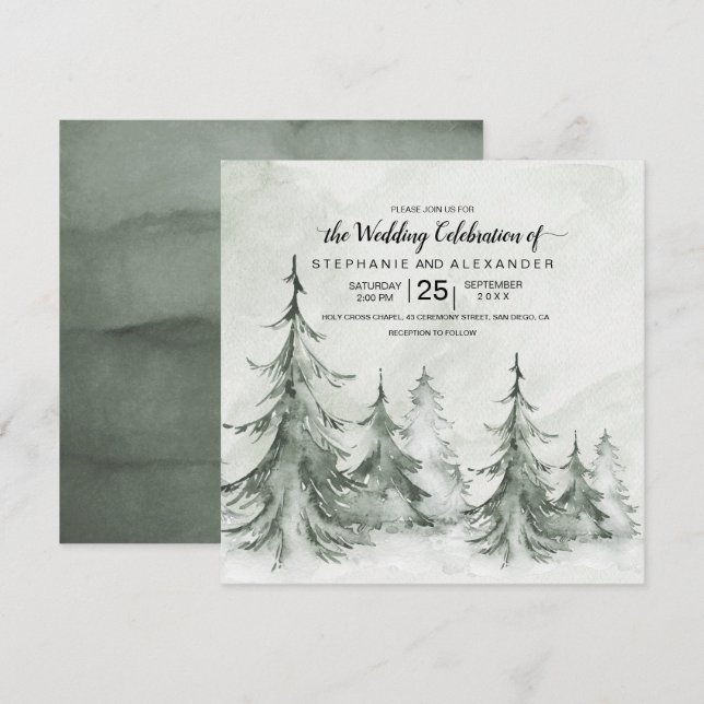 Watercolor Fir Träd Winter Wedding Inbjudningar (Fram/baksida)
