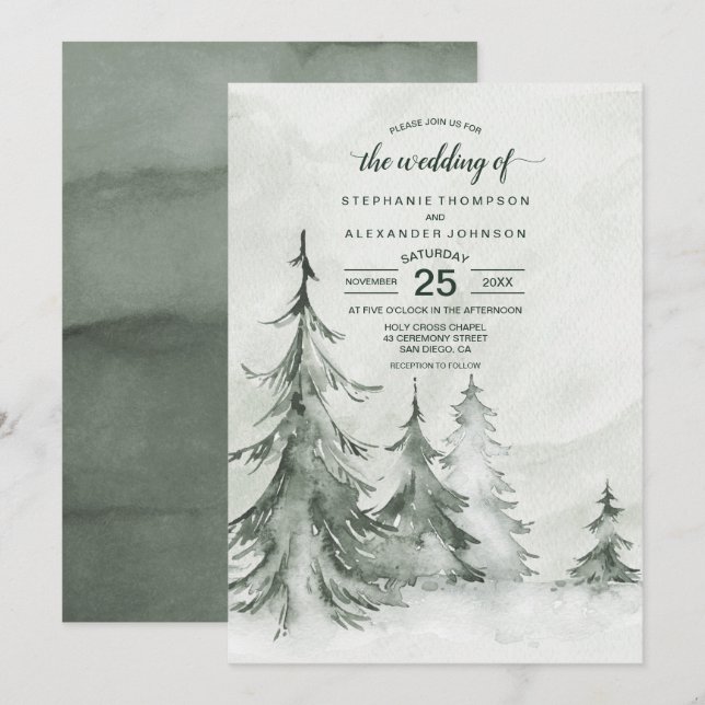 Watercolor Fir Träd Winter Wedding Inbjudningar (Fram/baksida)