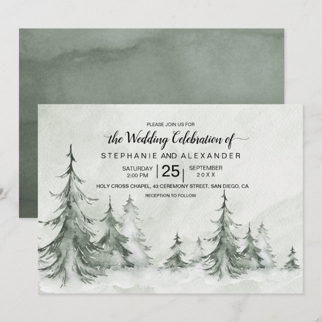 Watercolor Fir Träd Winter Wedding Inbjudningar (Fram/baksida)