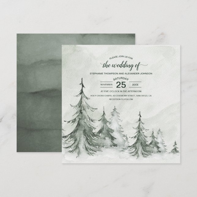 Watercolor Fir Träd Winter Wedding Inbjudningar (Fram/baksida)