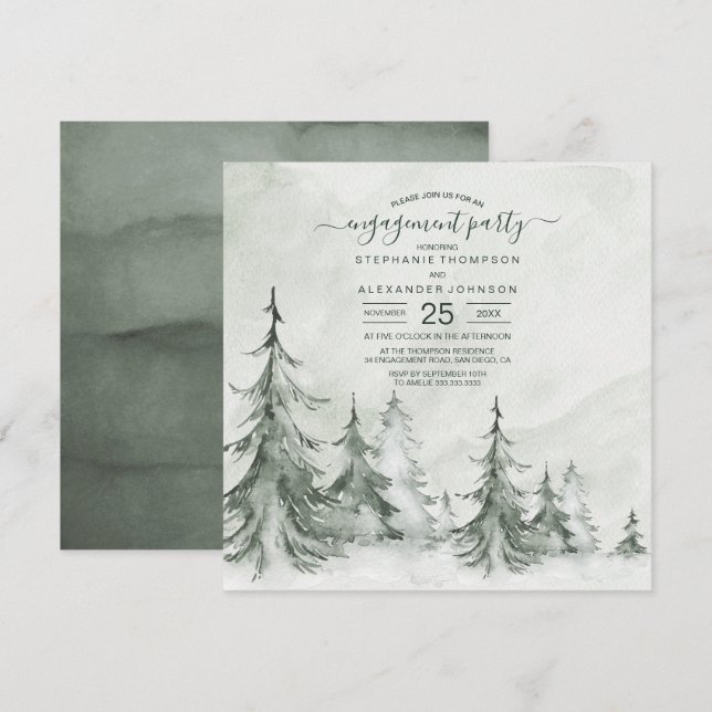 Watercolor Fir Träd Winter Wedding Inbjudningar (Fram/baksida)