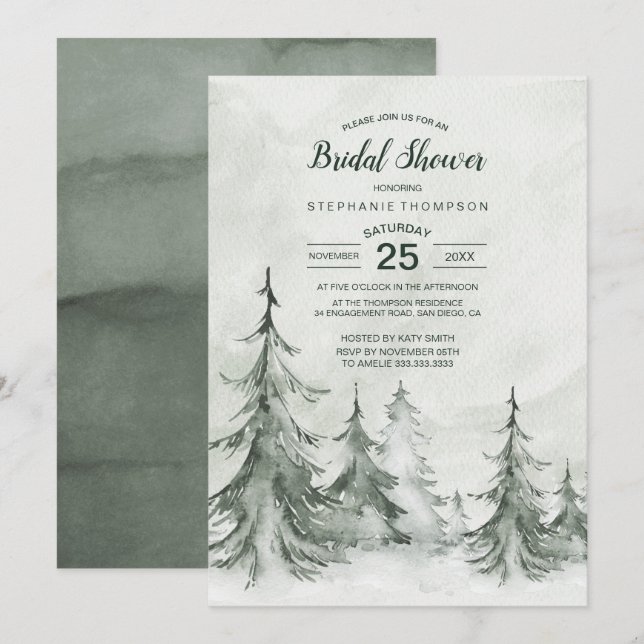 Watercolor Fir Träd Winter Wedding Inbjudningar (Fram/baksida)