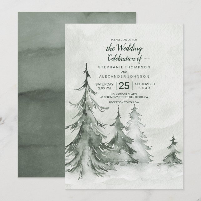 Watercolor Fir Träd Winter Wedding Inbjudningar (Fram/baksida)